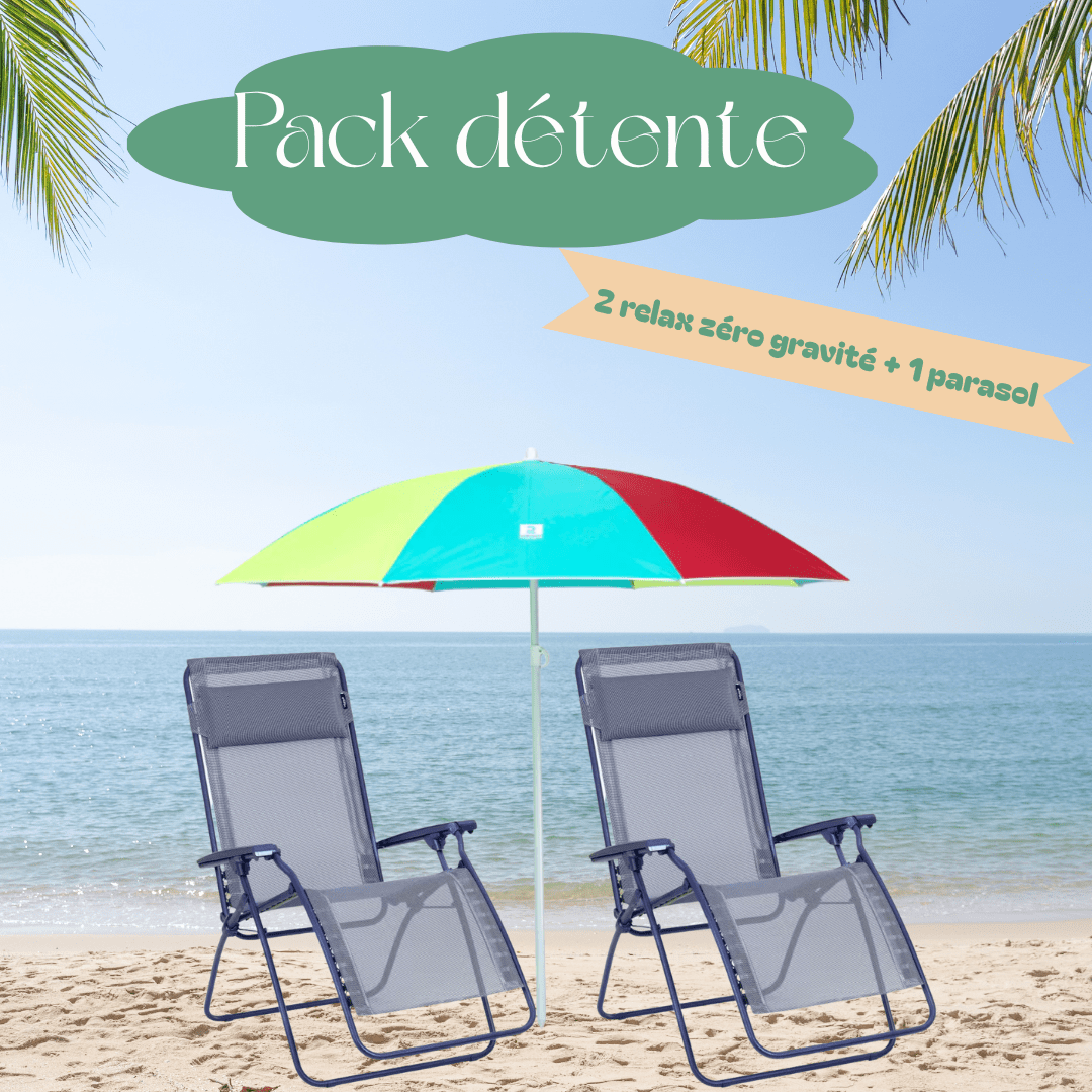 Pack détente plage en Guadeloupe : 2 relax zéro gravité avec parasol, idéal pour chiller et profiter du soleil.