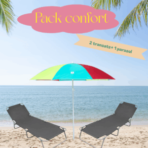 Pack confort plage en Guadeloupe : 2 transats / Bain de soleil avec parasol, idéal pour chiller et profiter du soleil.