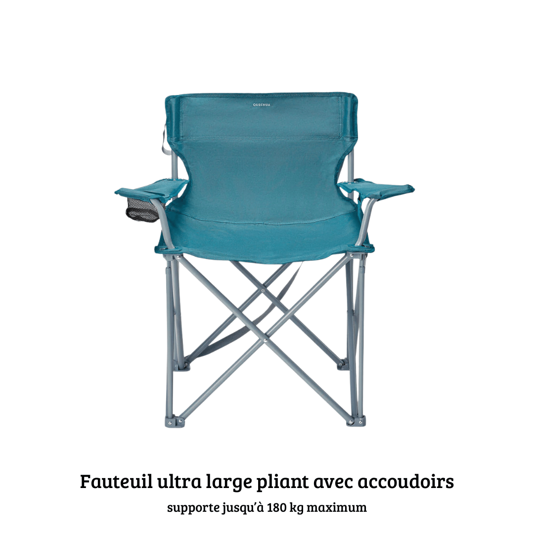 Chaise ultra large XXL de camping pliante avec accoudoirs en location chez La Malle du Colibri en Guadeloupe
