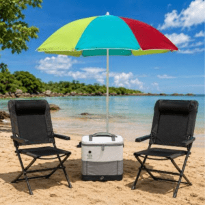 Pack Confort Premium Duo en location en Guadeloupe avec un parasol UPF 50+, une glacière souple 25 L et deux fauteuils multiposition sur une plage tropicale.