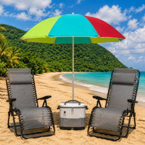 Pack Confort Duo avec parasol, deux relax zéro gravité et glacière sur une plage en Guadeloupe