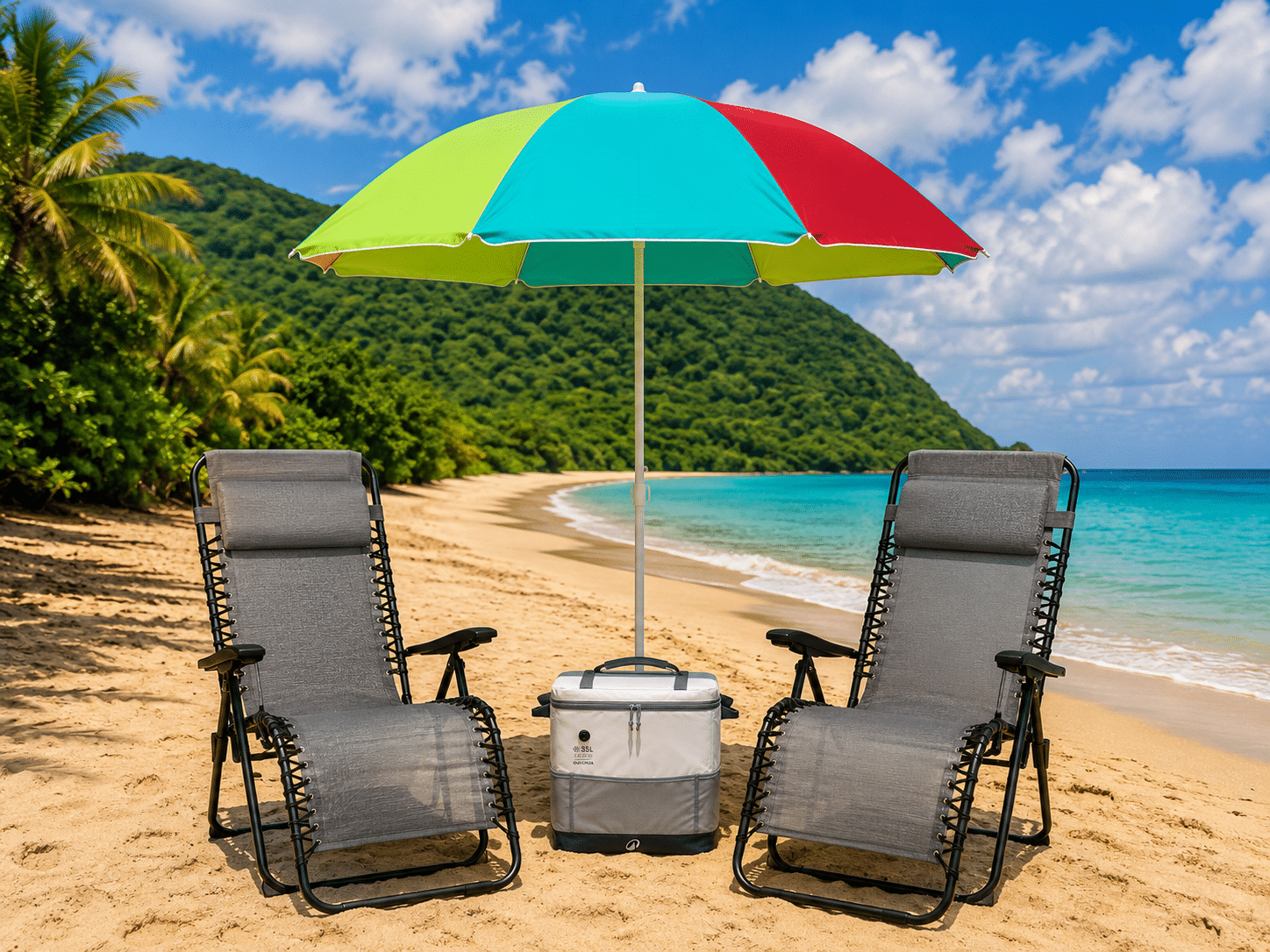 Pack Confort Duo avec parasol, deux relax zéro gravité et glacière sur une plage en Guadeloupe