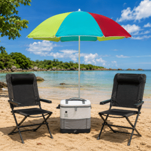 Pack Confort Duo avec parasol, deux fauteuils de plage et glacière sur une plage en Guadeloupe