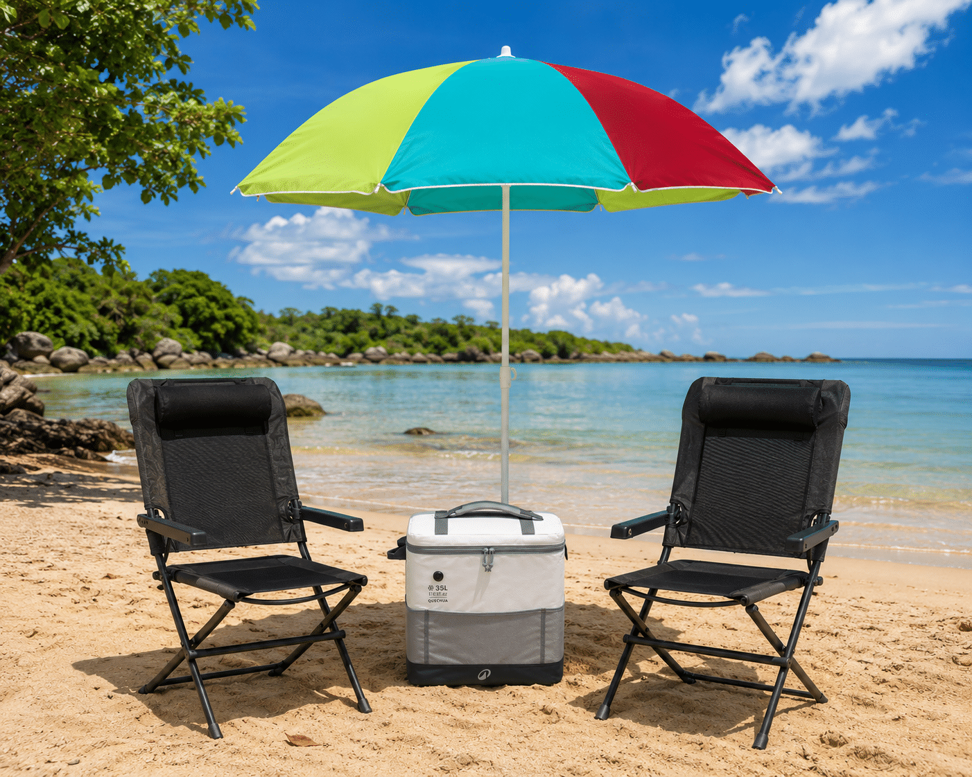 Pack Confort Duo avec parasol, deux fauteuils de plage et glacière sur une plage en Guadeloupe