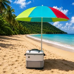 Option 1 Option 2 Je préfère cette option Ignorer ChatGPT Option 1 Voici les 4 éléments adaptés à cette nouvelle photo pour le site de La Malle du Colibri Guadeloupe. 🖼️ Texte alternatif Parasol de plage coloré et glacière sur une plage de Guadeloupe